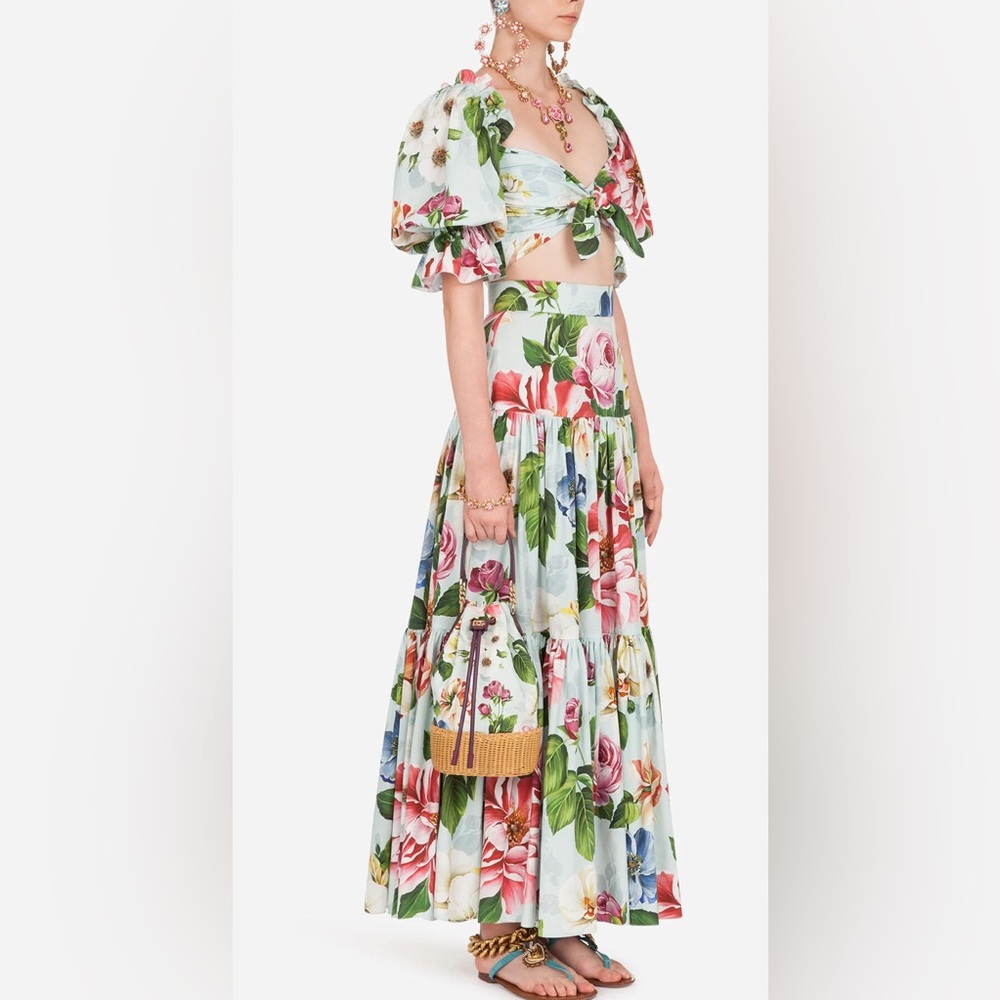 Dolce & Gabbana Pink and Green Puff Sleeve Maxi skirt set